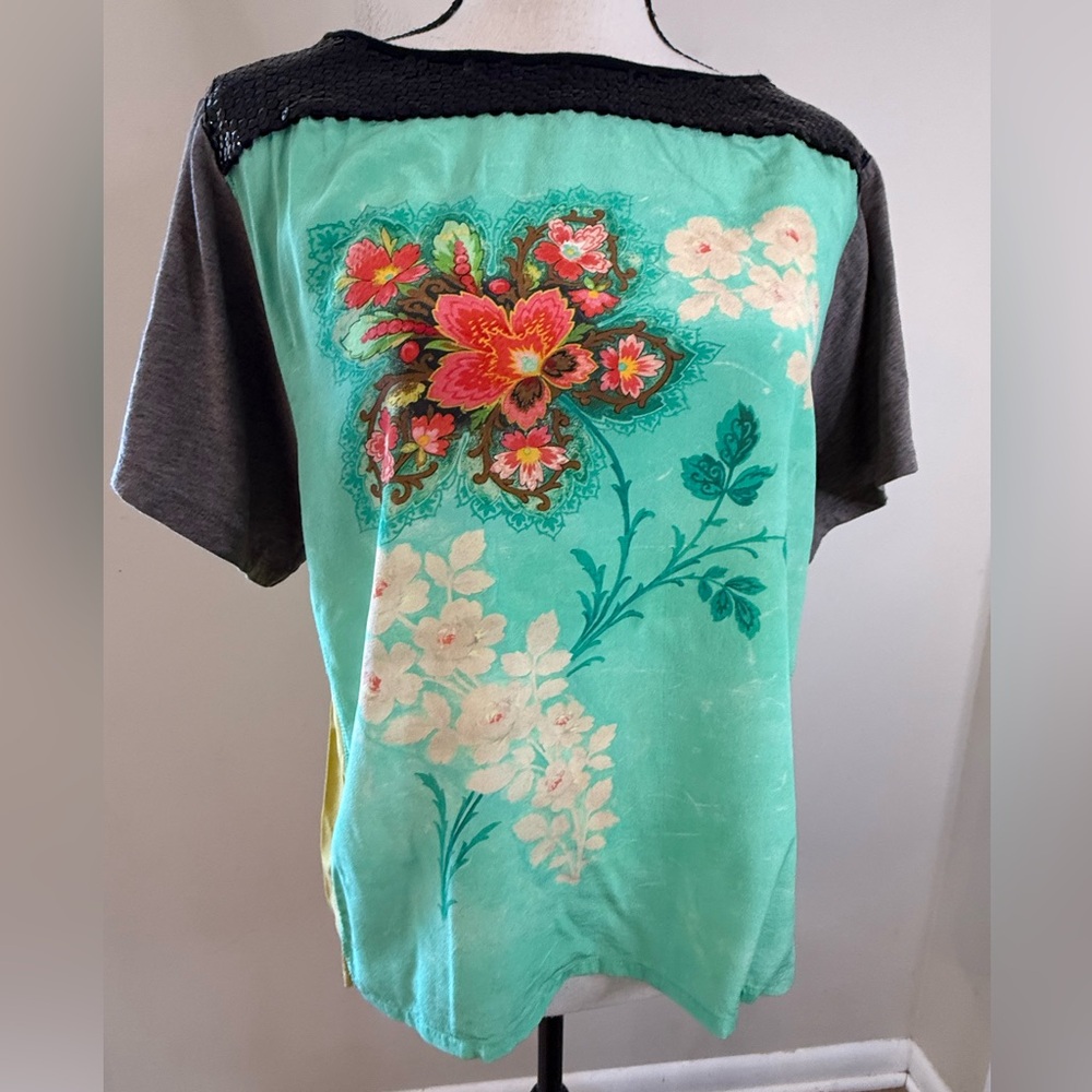 Hoss Intropia top sequin floral color block boho SZ XS